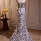 Robe de soirée longue sirène en tulle pailleté à épaules dénudées avec plumes perlées nv2048