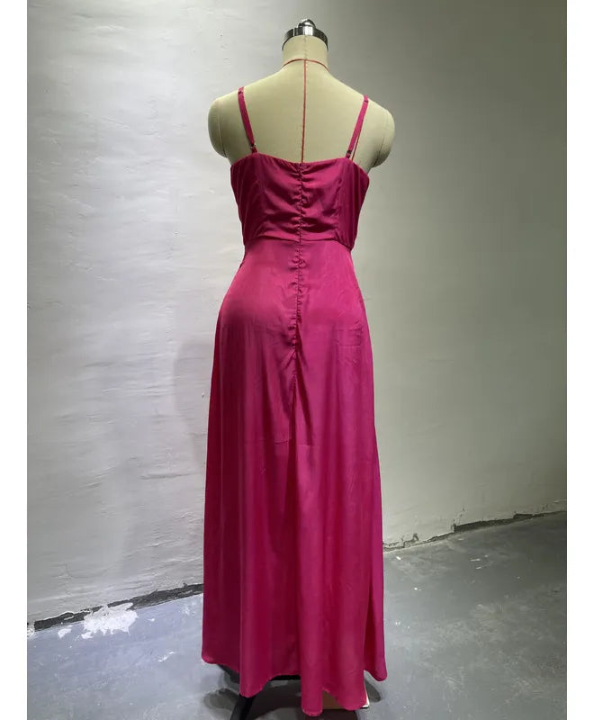 Irregular Ruffle Trim Split Cami Dress Rose red nv1339