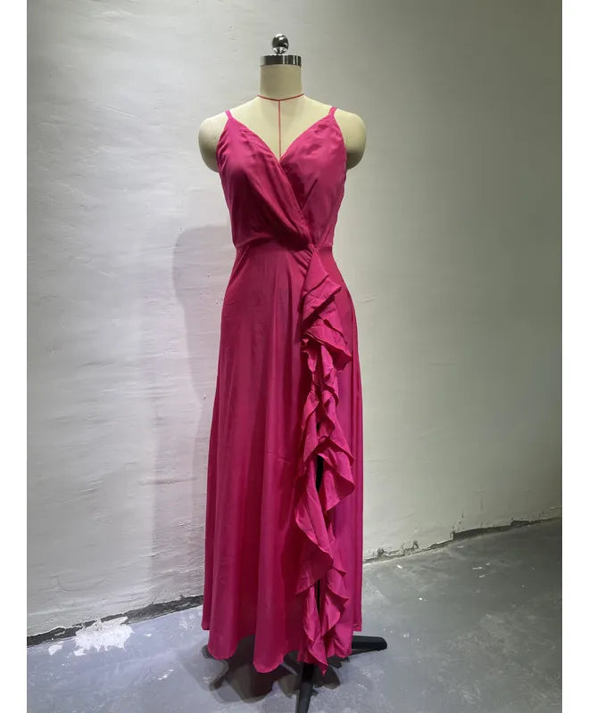 Irregular Ruffle Trim Split Cami Dress Rose red nv1339