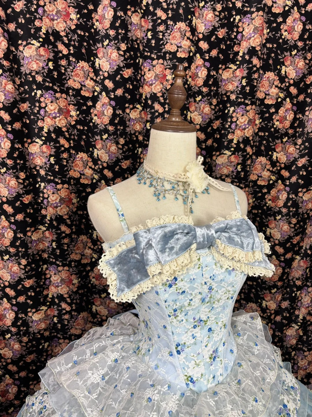 Blue floral princess long tulle ball gown evening dress quinceanera dress nv4651