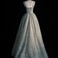 Robe de soirée longue en satin et tulle, élégante, style vintage, coupe trapèze, bretelles spaghetti, bleu, nv3758