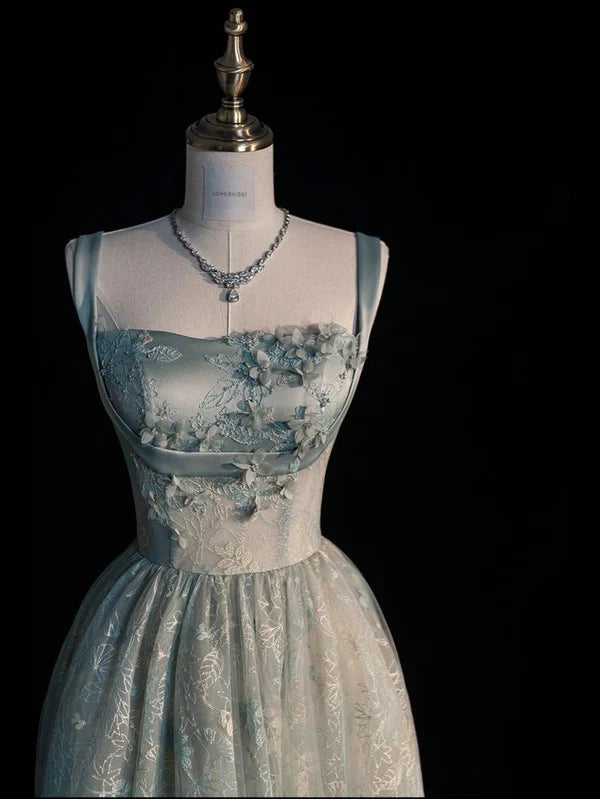 Robe de soirée longue en satin et tulle, élégante, style vintage, coupe trapèze, bretelles spaghetti, bleu, nv3758