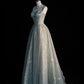 Robe de soirée longue en satin et tulle, élégante, style vintage, coupe trapèze, bretelles spaghetti, bleu, nv3758
