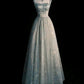 Robe de soirée longue en satin et tulle, élégante, style vintage, coupe trapèze, bretelles spaghetti, bleu, nv3758