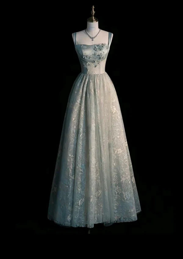 Robe de soirée longue en satin et tulle, élégante, style vintage, coupe trapèze, bretelles spaghetti, bleu, nv3758