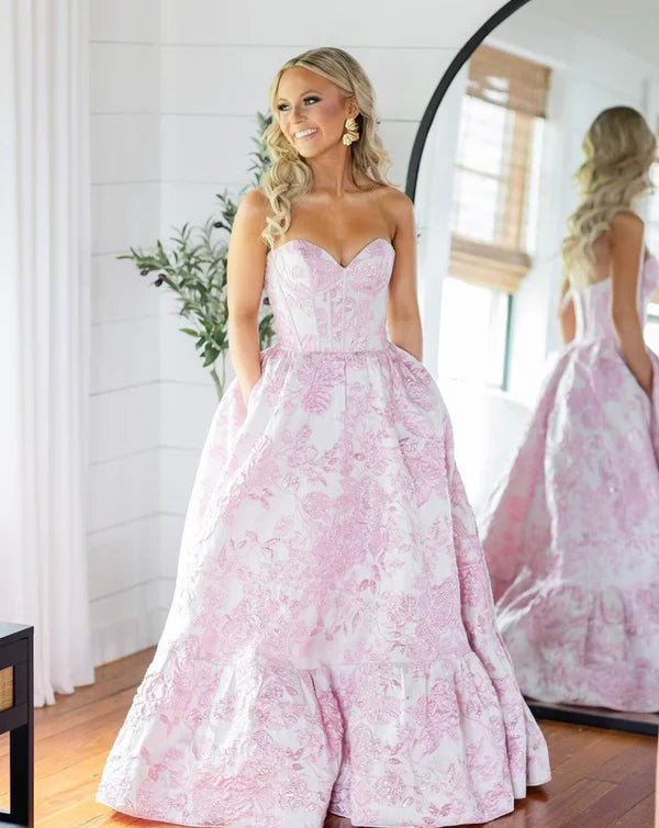 Pink Fashion Elegant Floral Long Satin Ball Gown Evening Dress nv3624