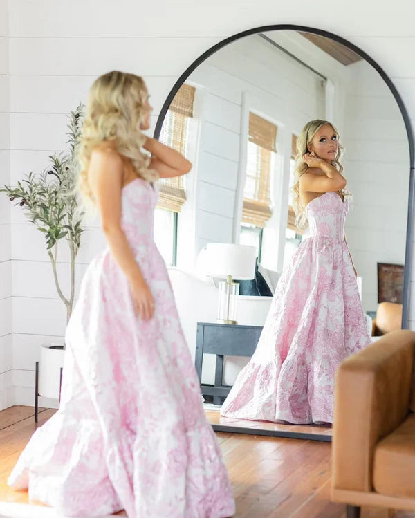 Pink Fashion Elegant Floral Long Satin Ball Gown Evening Dress nv3624