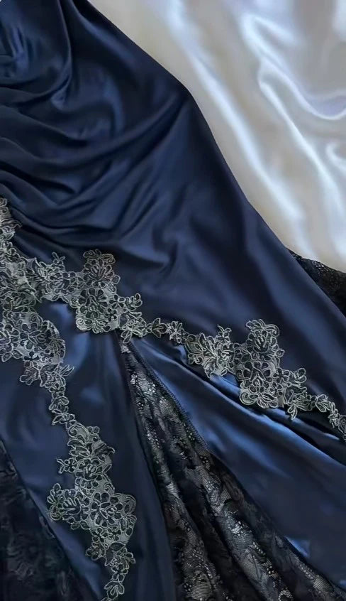 Navy Blue Vintage Elegant Spaghetti Strap Exquisite Lace Long Mermaid Satin Empire Dress Ball Gown Evening Dress Party Dress Prom Dress nv4033