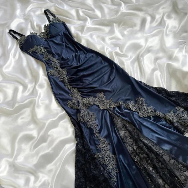 Marineblaues, modisches, trägerloses, langes, figurbetontes Meerjungfrau-Spitzen-Ballkleid, Abendkleid, Partykleid nv3476