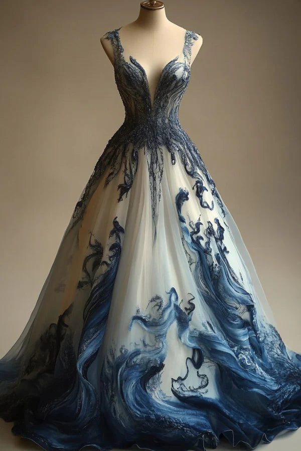 Blue A-line V-neck beaded tulle long ball gown evening dress party dress nv3759