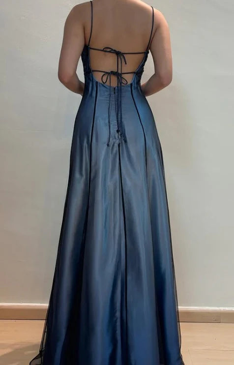 Blue Fashion Gradient Exquisite Beading Spaghetti Strap Long tulle Ball Gown Evening Gown Party Dress nv3723