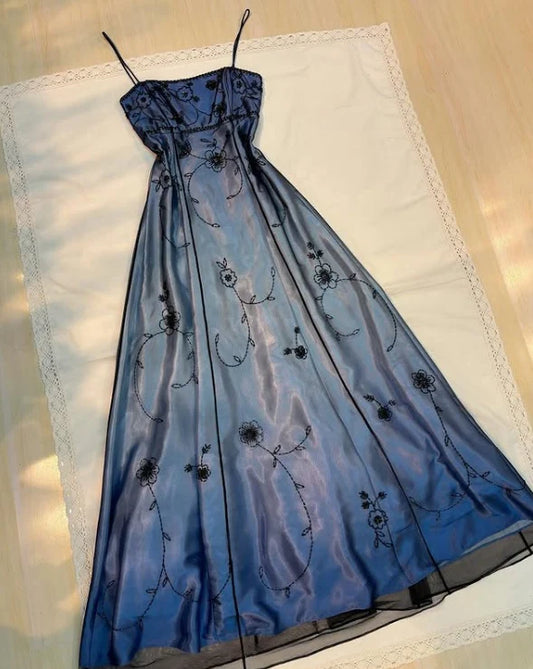 Blue Vintage Gorgeous Gradient Delicate Beaded Long Tulle Satin Imperial Dress Ball Gown Evening Gown Party Dress Prom Gown nv4032