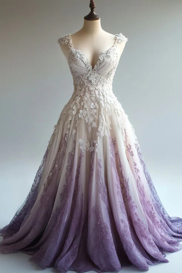Pink and purple elegant gradient exquisite beaded applique A-line sweetheart neck strap tulle long ball gown evening gown wedding dress nv3754