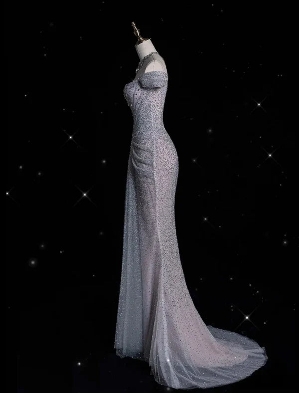 Silver Gorgeous Exquisite Shiny Mermaid Off-the-shoulder Tulle Rhinestone Long Sequined Prom Dress Formal Graduation Dress Evening Gown nv3794