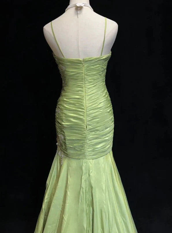 Grünes Vintage Sweetheart Neck Mermaid Spaghettiträger Satin Perlen Pailletten Langes Ballkleid Abendkleid nv4167