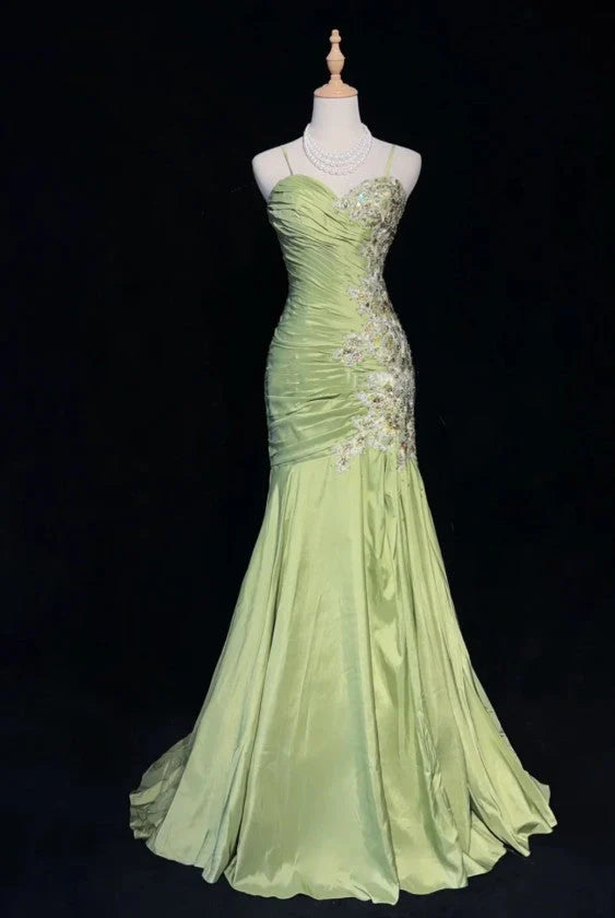 Grünes Vintage Sweetheart Neck Mermaid Spaghettiträger Satin Perlen Pailletten Langes Ballkleid Abendkleid nv4167