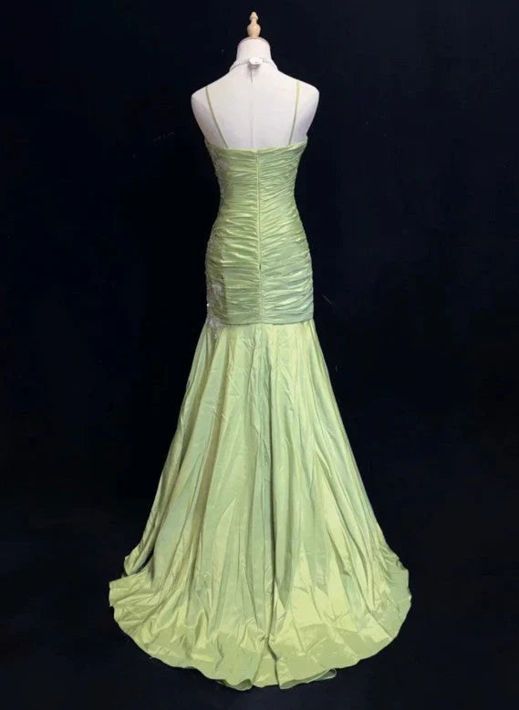 Grünes Vintage Sweetheart Neck Mermaid Spaghettiträger Satin Perlen Pailletten Langes Ballkleid Abendkleid nv4167