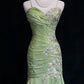 Grünes Vintage Sweetheart Neck Mermaid Spaghettiträger Satin Perlen Pailletten Langes Ballkleid Abendkleid nv4167