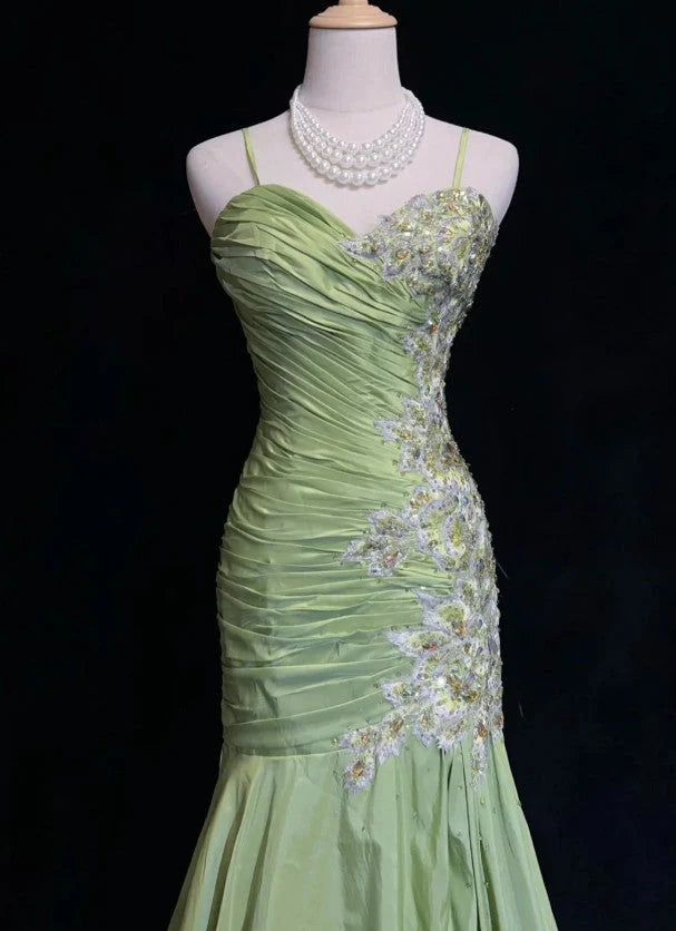 Grünes Vintage Sweetheart Neck Mermaid Spaghettiträger Satin Perlen Pailletten Langes Ballkleid Abendkleid nv4167