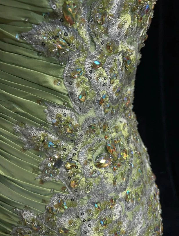 Grünes Vintage Sweetheart Neck Mermaid Spaghettiträger Satin Perlen Pailletten Langes Ballkleid Abendkleid nv4167