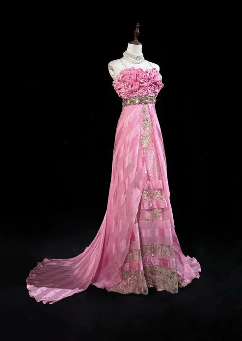 Rosa Mode Rüschen Meerjungfrau Satin Perlen Lange Ballkleid Abendkleid Schöne Braut Hochzeit Kleid nv4291