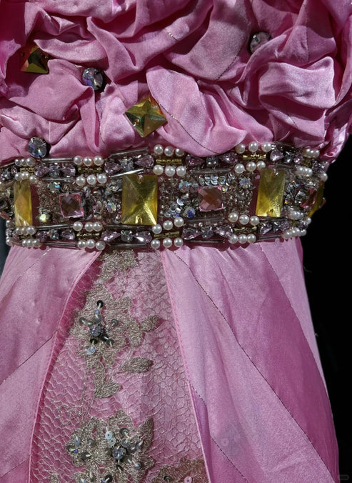 Rosa Mode Rüschen Meerjungfrau Satin Perlen Lange Ballkleid Abendkleid Schöne Braut Hochzeit Kleid nv4291