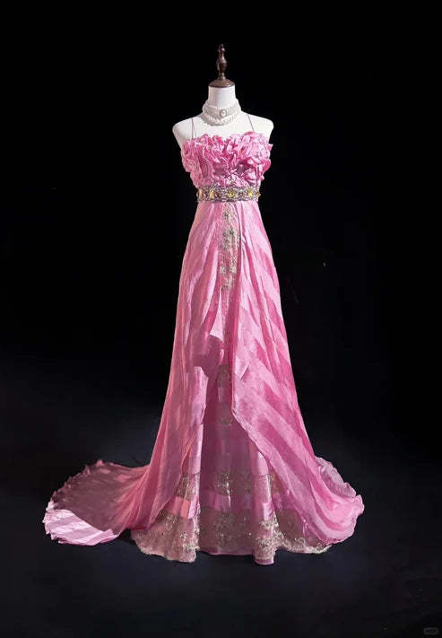 Rosa Mode Rüschen Meerjungfrau Satin Perlen Lange Ballkleid Abendkleid Schöne Braut Hochzeit Kleid nv4291