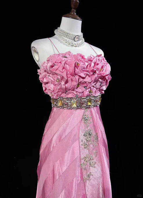 Rosa Mode Rüschen Meerjungfrau Satin Perlen Lange Ballkleid Abendkleid Schöne Braut Hochzeit Kleid nv4291