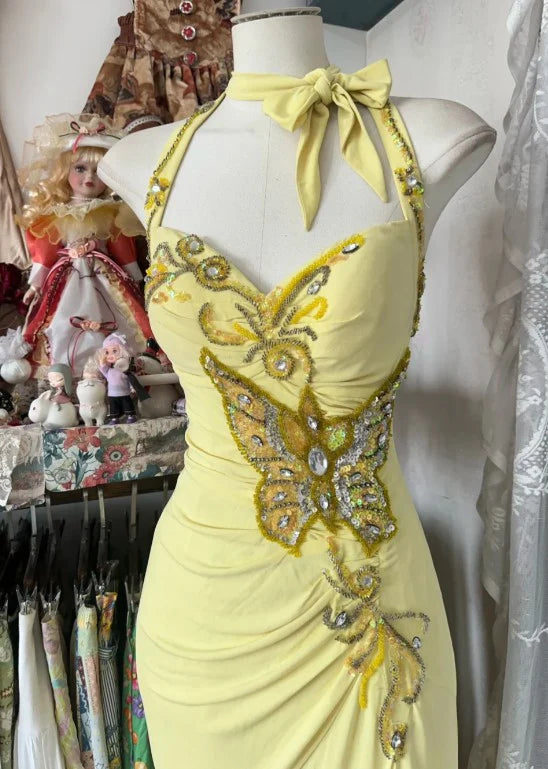 Yellow Elegant Fashion Halter Neck Exquisite Beaded Sequins Rhinestone Long chiffon Mermaid Slim Prom Dress Birthday Dress Party Dress Evening Dress nv3880