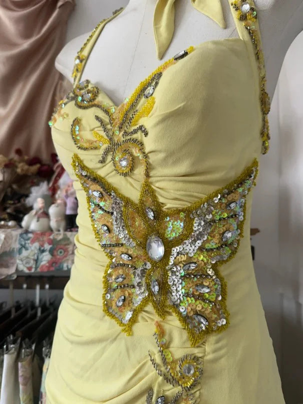 Yellow Elegant Fashion Halter Neck Exquisite Beaded Sequins Rhinestone Long chiffon Mermaid Slim Prom Dress Birthday Dress Party Dress Evening Dress nv3880