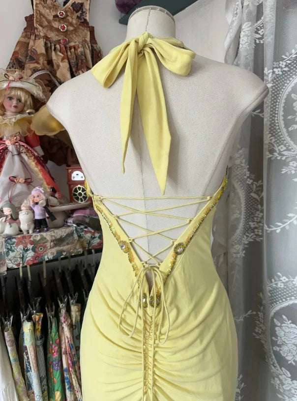 Yellow Elegant Fashion Halter Neck Exquisite Beaded Sequins Rhinestone Long chiffon Mermaid Slim Prom Dress Birthday Dress Party Dress Evening Dress nv3880