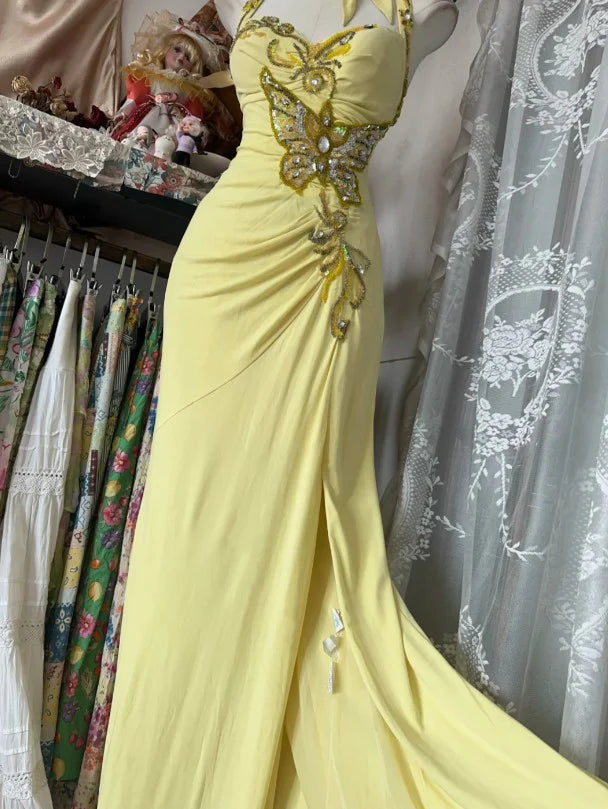 Yellow Elegant Fashion Halter Neck Exquisite Beaded Sequins Rhinestone Long chiffon Mermaid Slim Prom Dress Birthday Dress Party Dress Evening Dress nv3880