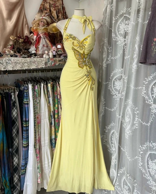 Yellow Elegant Fashion Halter Neck Exquisite Beaded Sequins Rhinestone Long chiffon Mermaid Slim Prom Dress Birthday Dress Party Dress Evening Dress nv3880