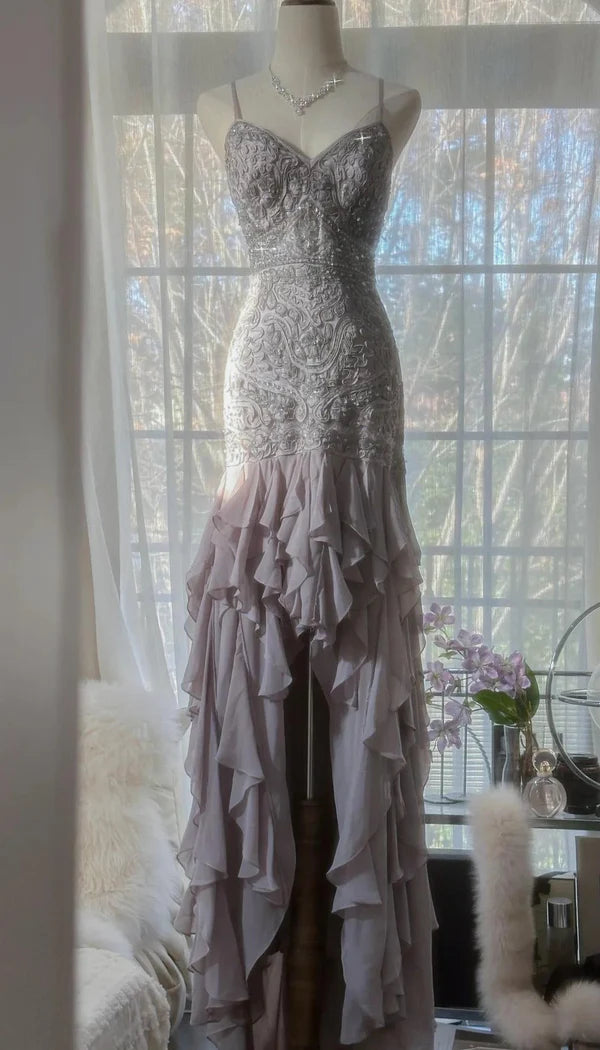 Robe de soirée élégante violette à bretelles spaghetti et dos nu, moulante, en mousseline de soie, à paillettes, longue, robe de bal, nv4111