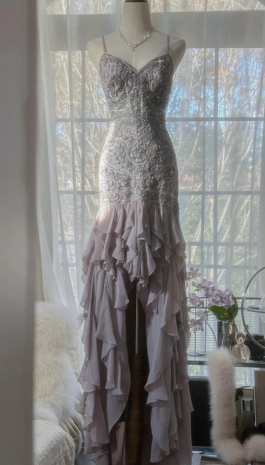 Elegantes lila Spaghettiträger-Applikation, figurbetontes rückenfreies Abendkleid aus Chiffon mit Pailletten, langes Ballkleid, Partykleid nv4111