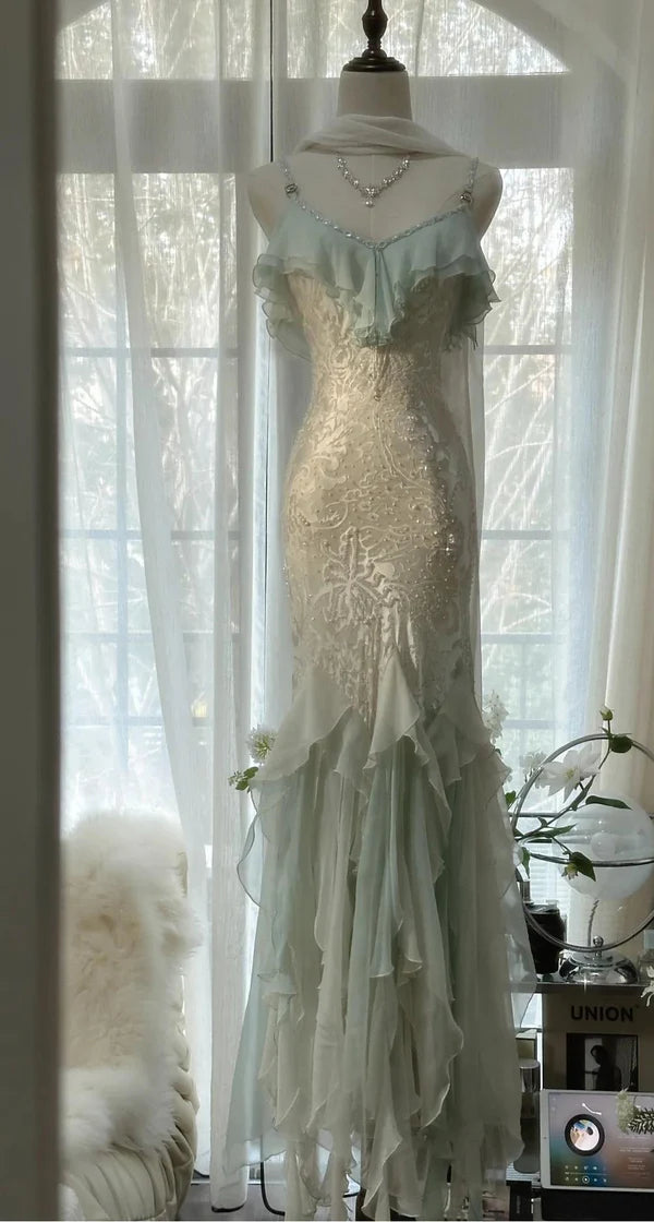 Robe de soirée sirène en mousseline de soie, élégante et tendance, vert menthe, bretelles spaghetti, notes délicates, longue, à volants, robe de bal, robe de soirée, robe de bal, robe de remise de diplôme, nv4034
