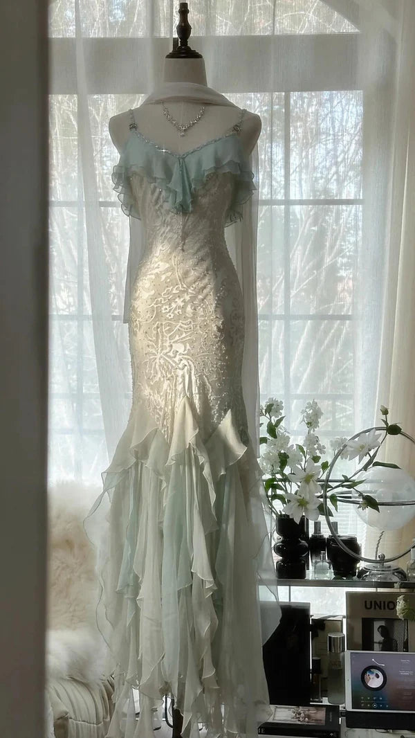 Robe de soirée sirène en mousseline de soie, élégante et tendance, vert menthe, bretelles spaghetti, notes délicates, longue, à volants, robe de bal, robe de soirée, robe de bal, robe de remise de diplôme, nv4034