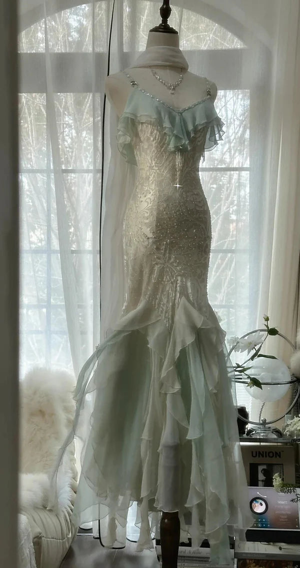 Mint Green Romantic Vintage Mermaid Beaded Long Chiffon Ball Gown Evening Dress Wedding Guest Party Dress Ruffle Fairytale Party Dress nv4109