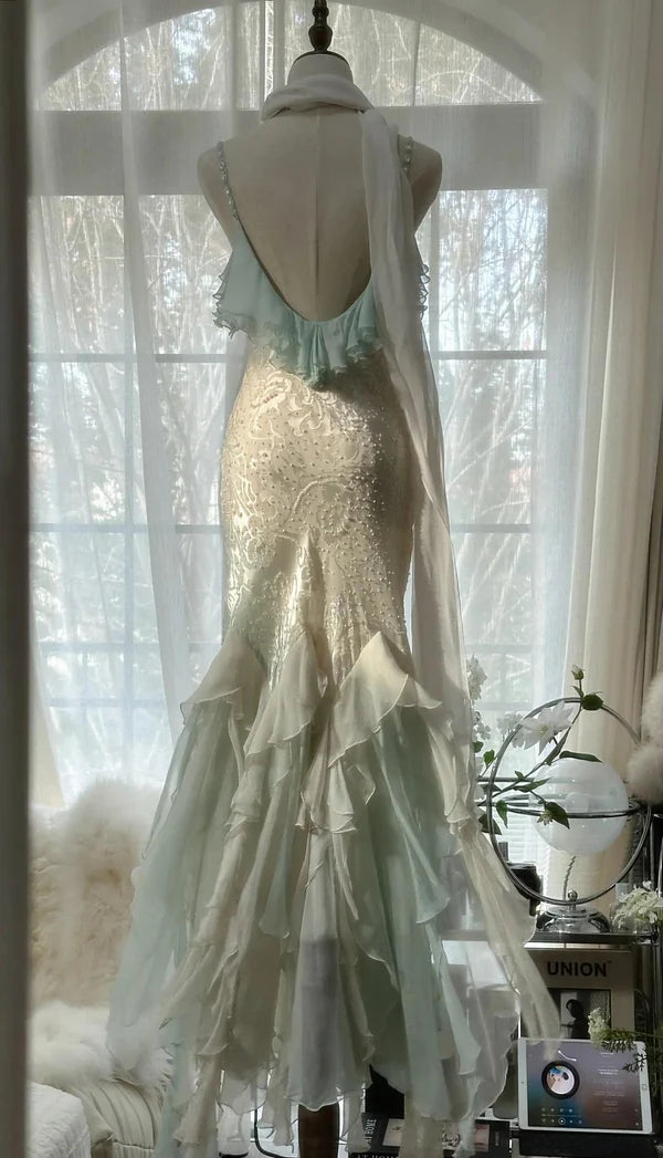 Robe de soirée sirène en mousseline de soie, élégante et tendance, vert menthe, bretelles spaghetti, notes délicates, longue, à volants, robe de bal, robe de soirée, robe de bal, robe de remise de diplôme, nv4034
