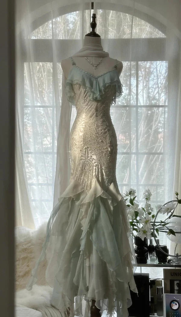 Robe de soirée sirène en mousseline de soie, élégante et tendance, vert menthe, bretelles spaghetti, notes délicates, longue, à volants, robe de bal, robe de soirée, robe de bal, robe de remise de diplôme, nv4034