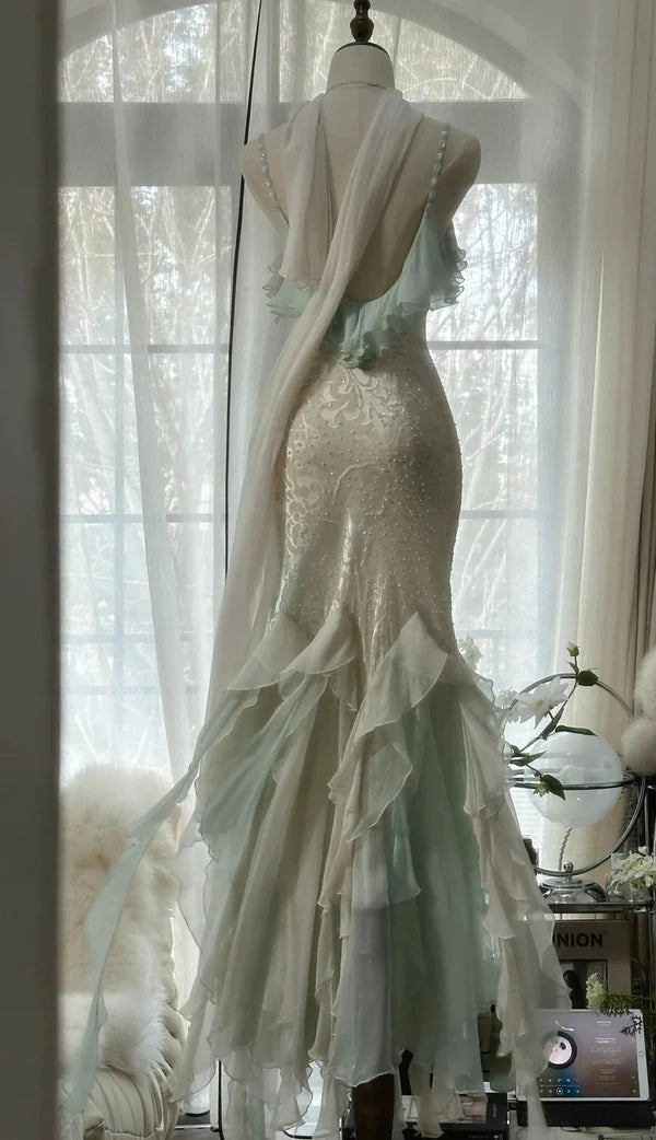 Robe de soirée sirène en mousseline de soie, élégante et tendance, vert menthe, bretelles spaghetti, notes délicates, longue, à volants, robe de bal, robe de soirée, robe de bal, robe de remise de diplôme, nv4034