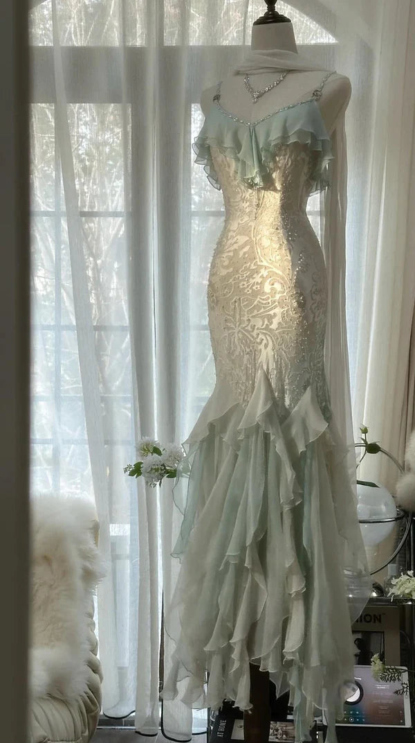 Robe de soirée sirène en mousseline de soie, élégante et tendance, vert menthe, bretelles spaghetti, notes délicates, longue, à volants, robe de bal, robe de soirée, robe de bal, robe de remise de diplôme, nv4034