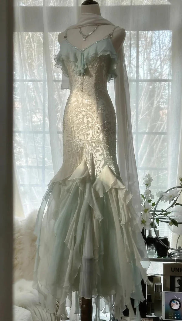 Mint Green Romantic Vintage Mermaid Beaded Long Chiffon Ball Gown Evening Dress Wedding Guest Party Dress Ruffle Fairytale Party Dress nv4109