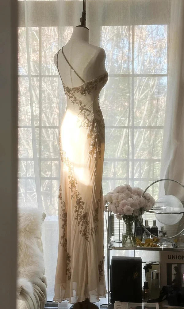 Champagne Vintage Bodycon Dress Chiffon One Shoulder Beaded Long Prom Dress Graduation Prom Dress Evening Dress Party Dress nv4110