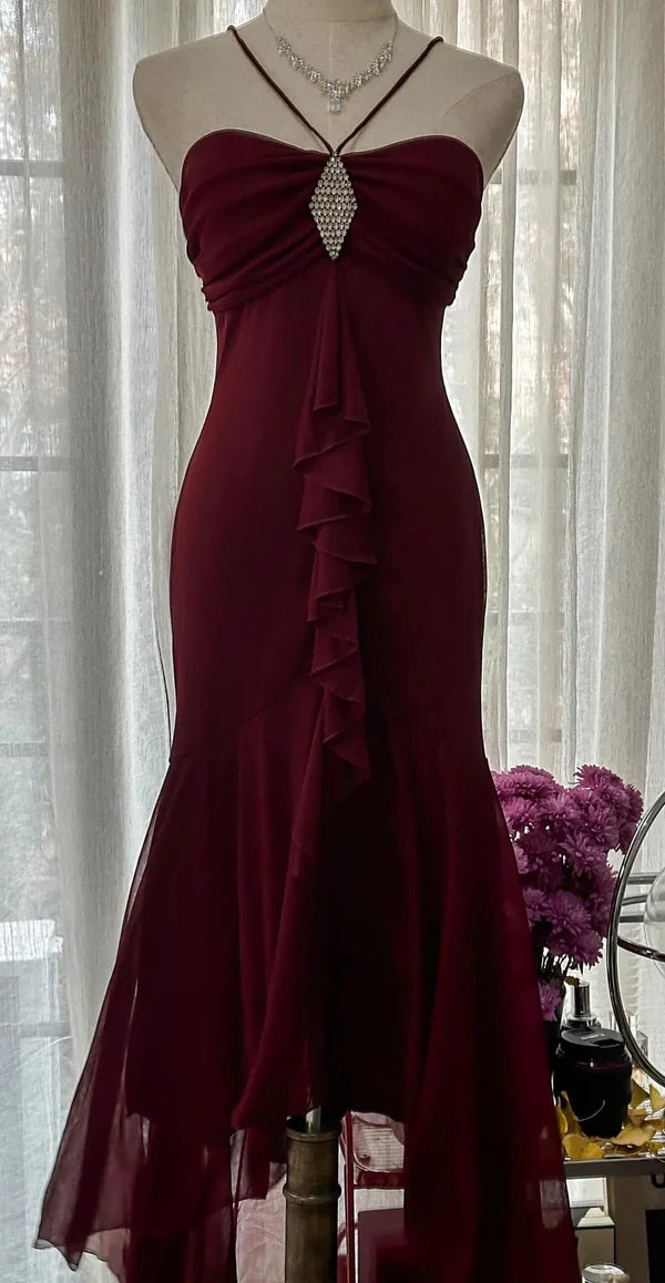 Vintage Red Mermaid Off-the-shoulder Long Chiffon Ball Gown Graduation Prom Dress Party Dress nv3761