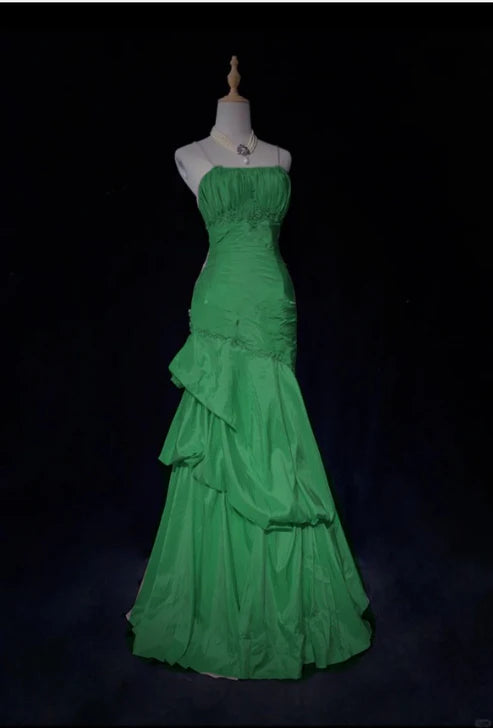 Pink Beautiful Mermaid Long Evening Dress Spaghetti Straps Satin Ruffled Ball Gown Beaded nv4290