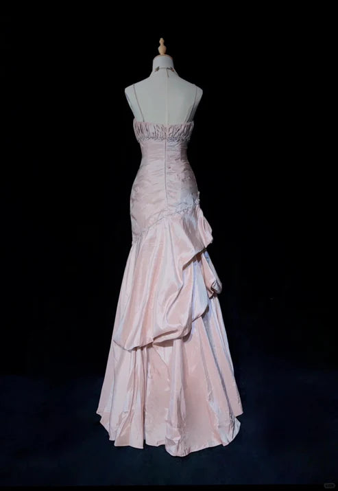 Pink Beautiful Mermaid Long Evening Dress Spaghetti Straps Satin Ruffled Ball Gown Beaded nv4290