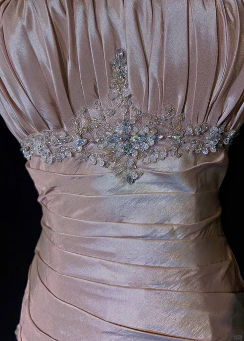 Pink Beautiful Mermaid Long Evening Dress Spaghetti Straps Satin Ruffled Ball Gown Beaded nv4290