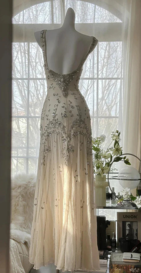 Ivory White Elegant Spaghetti Strap Beaded Chiffon Long Mermaid Gown Ball Gown Evening Gown Party Dress nv4228