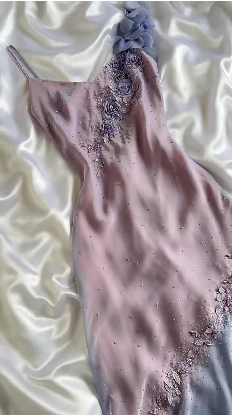 Purple Floral Fairy Homecoming Dress Spaghetti Strap Beaded Chiffon Short/Mid-Length Prom Dress Party Dress nv4344